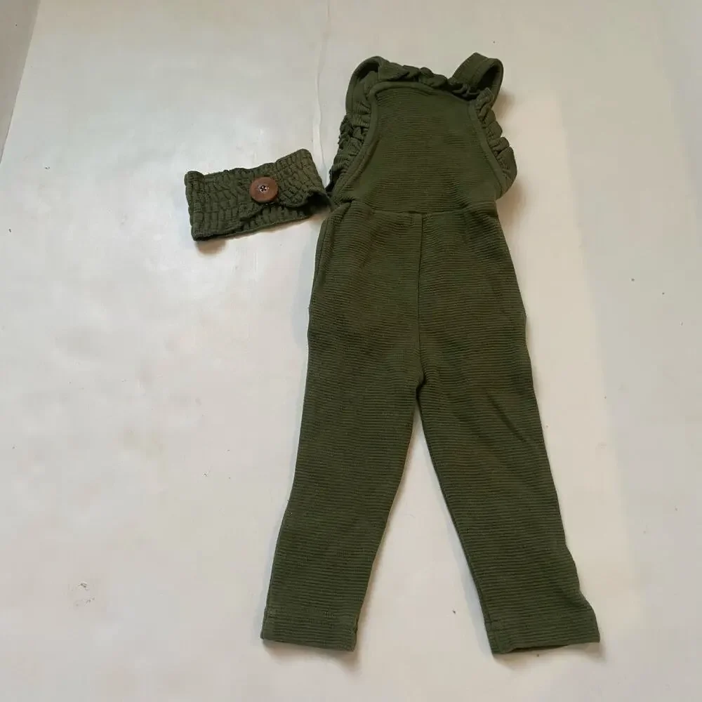 NEW Lovedbaby Forest Green Ribbed Ruffle Overalls Headband Organic Cotton Outfit